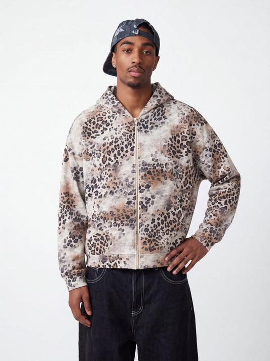 360g Heavyweight Wool Ring Boxy Loose Zipper Hoodie with American Retro Street Style Leopard Print Vest From a Trendy Brand
