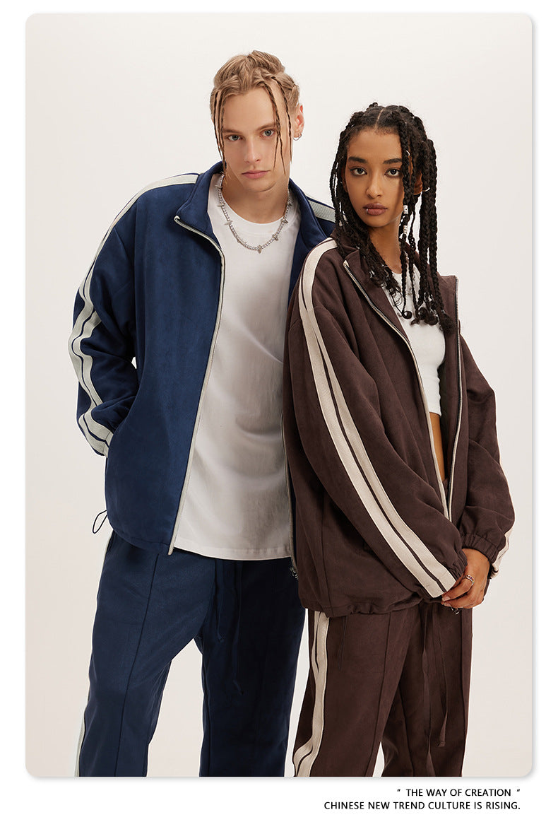 Oem Customize logo Favorite 4 Piece Color Zipper Jacket + Side Sewn Long Pants Straight Casual Pants with Embroidery Patterns