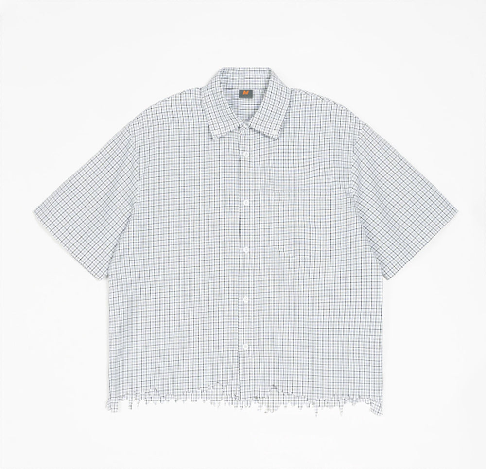 High Quality Disruptive Short Sleeved Men's Casual Boxy Plaid Shirt with Fine Horizontal Stripes on the Hem American Style