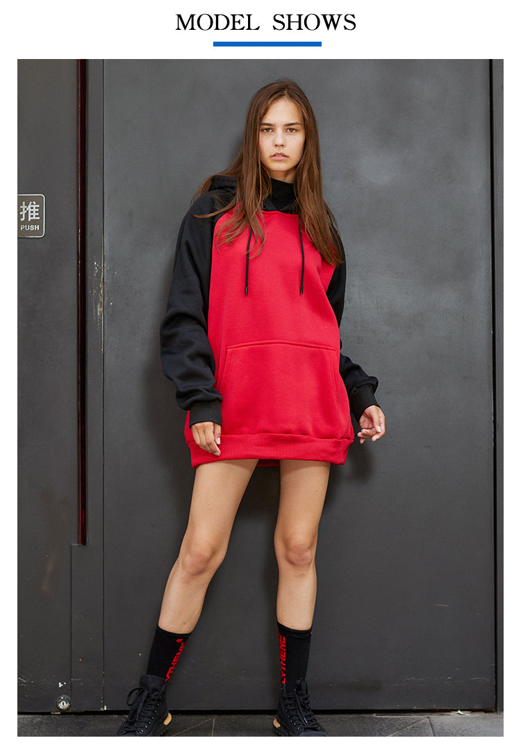All Polyester Fiber Slanted Shoulder Fleece Pullover with Hood in a Loose Fit and a Patchwork Style Autumn and Winter Style