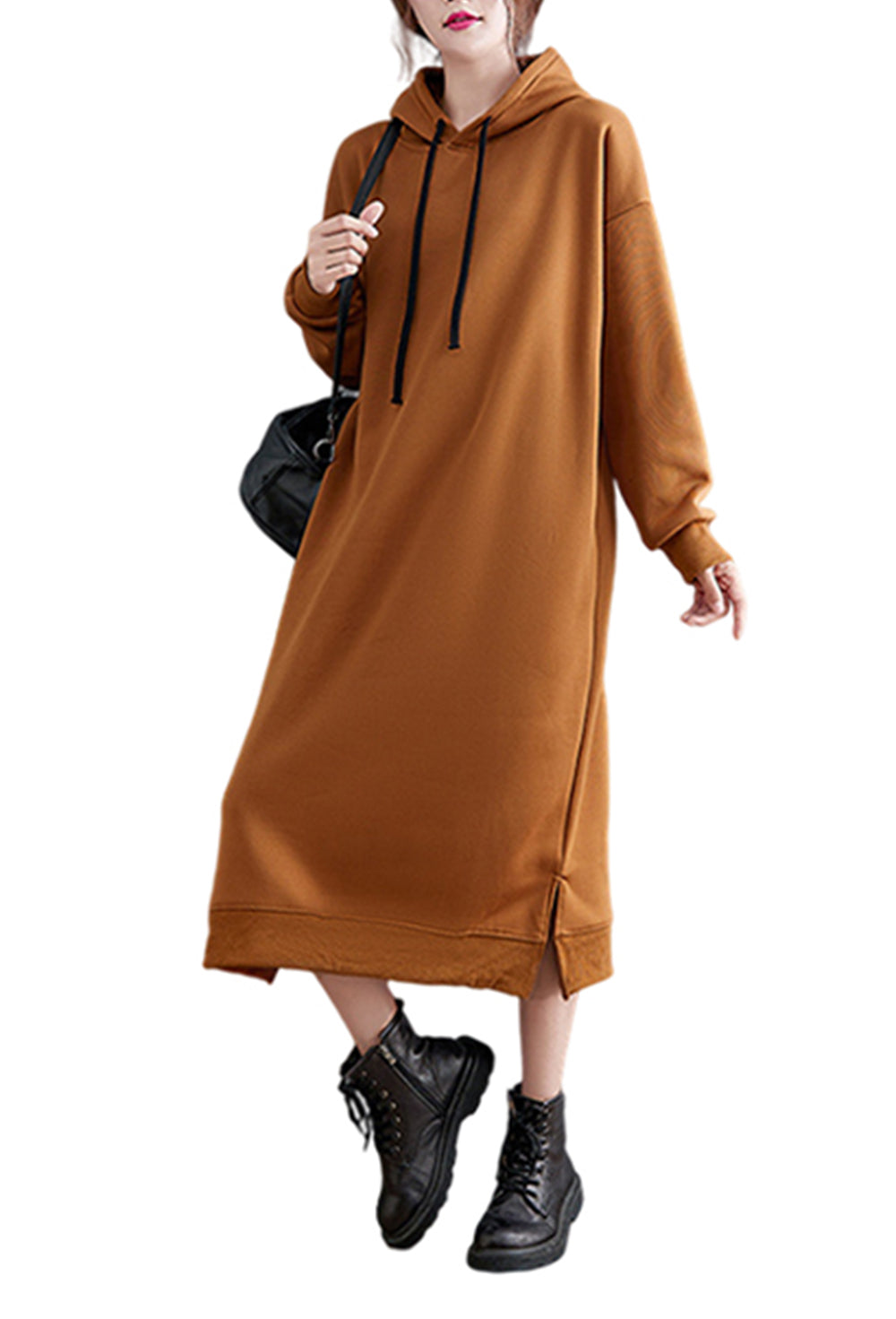 Manufacturer Hoodies 3 Color Fleece Lined Casual Hooded Drawstring Solid Color Mid Length Long Sleeved Pullover Dress for Women
