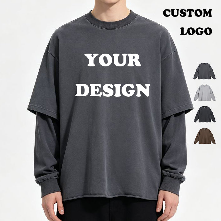 Heavyweight 100% Cotton T-shirt Custom Drop Shoulder High Quality Round Neck Streetwear Vintage Patchwork Long Sleeve T-shirt