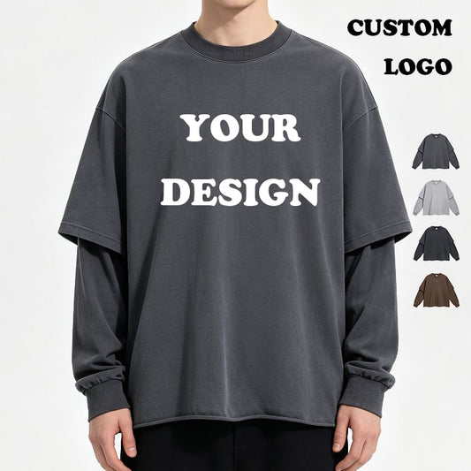 Heavyweight 100% Cotton T-shirt Custom Drop Shoulder High Quality Round Neck Streetwear Vintage Patchwork Long Sleeve T-shirt