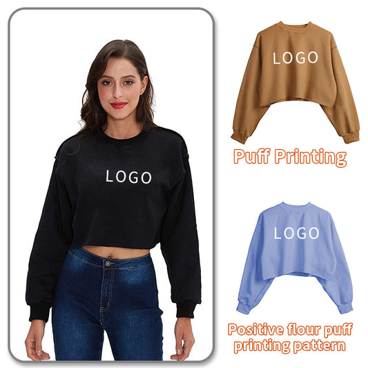 Wholesale Custom logo Frayed Hem Short Multicolored Streetwear High Quality Blank Pullover Cropped Pure Color Fashion Hoodie