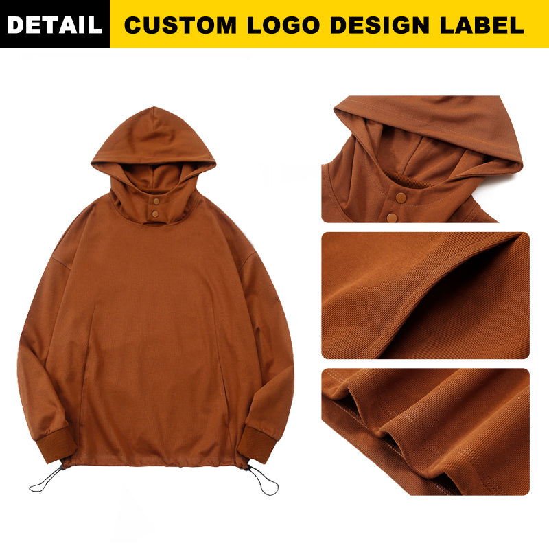 Wholesale Overdized Hoodie Heavyweight Puff Printing Metal Snap Windproof Cap Pullover High Quality Pocket Drawstring Hoodies