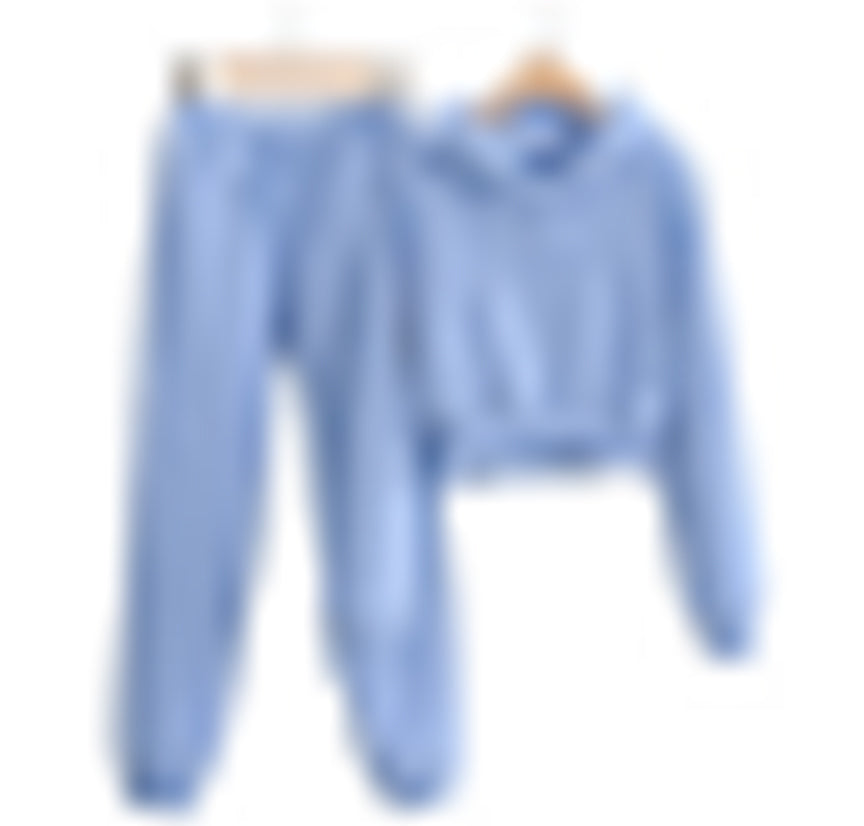 5 Color Hooded Fleece Short Sleeved Pullover Set for Women Loose Fitting Pure Color Waistband Crew Neck batwing Sleeve Suit