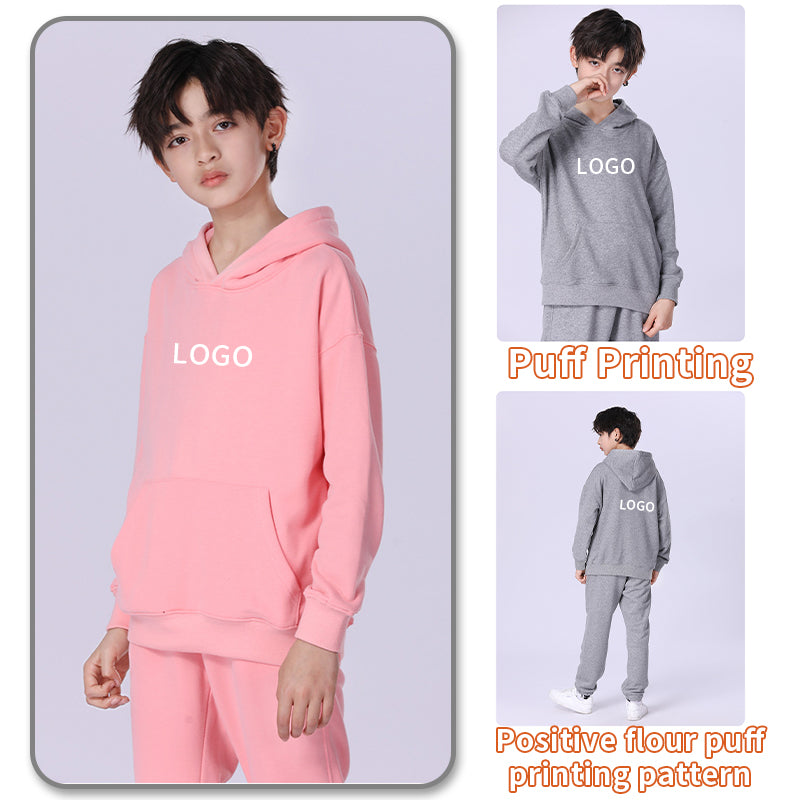 100% Cotton Custom French Terry Pure Color High Quality Blank Heavyweight Puff Printing Children's Hoodie Manufacturers