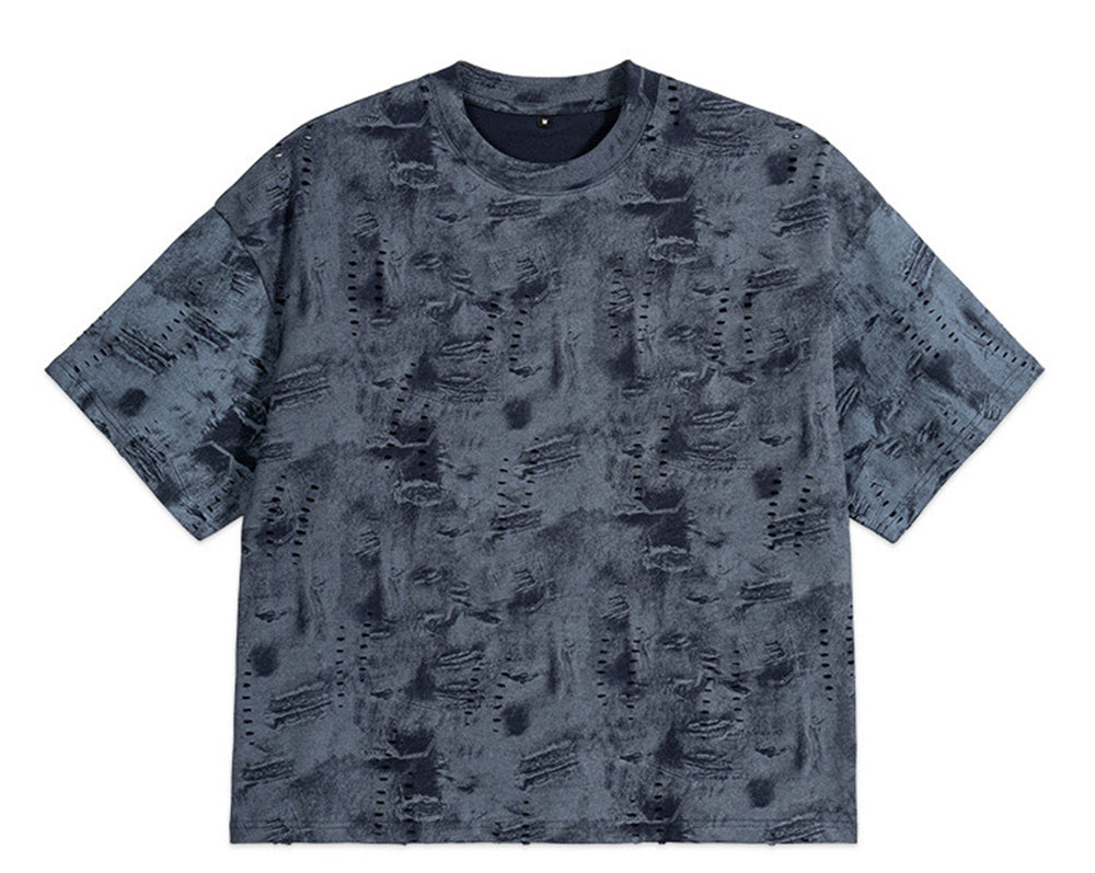 Couture Worn Out Denim Style Boxy Men's T Shirt Thick Pure Cotton Denim Texture Men's Short Sleeve Shirt Personalized Design