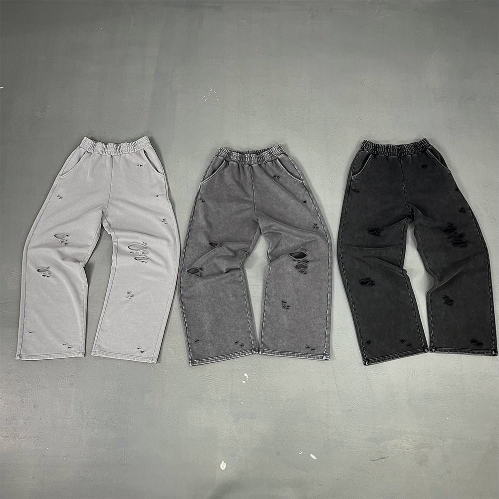 Acid Washed Men's Sweatpants Custom New Design 100% Cotton Broken High Quality Distressed Embroidery Heavyweight Sweatpants