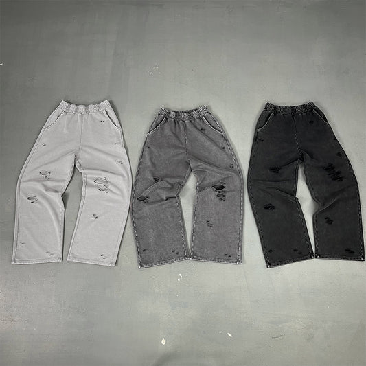 Acid Washed Men's Sweatpants Custom New Design 100% Cotton Broken High Quality Distressed Embroidery Heavyweight Sweatpants