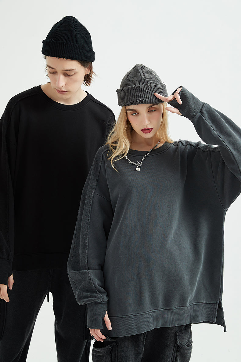 High Quality Pullover Hoodies Washed and Distressed Ninja Sleeve Patch Hoodie with Dropped Shoulders and Oversized Design