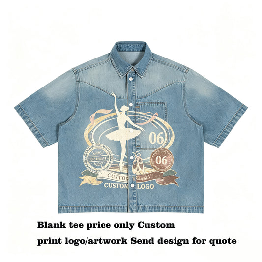 Customize Your Own Exclusive Design Boxy Style Genuine Denim Shirt for Men 320g Heavyweight Plain Short Sleeved Unisex Tshirt