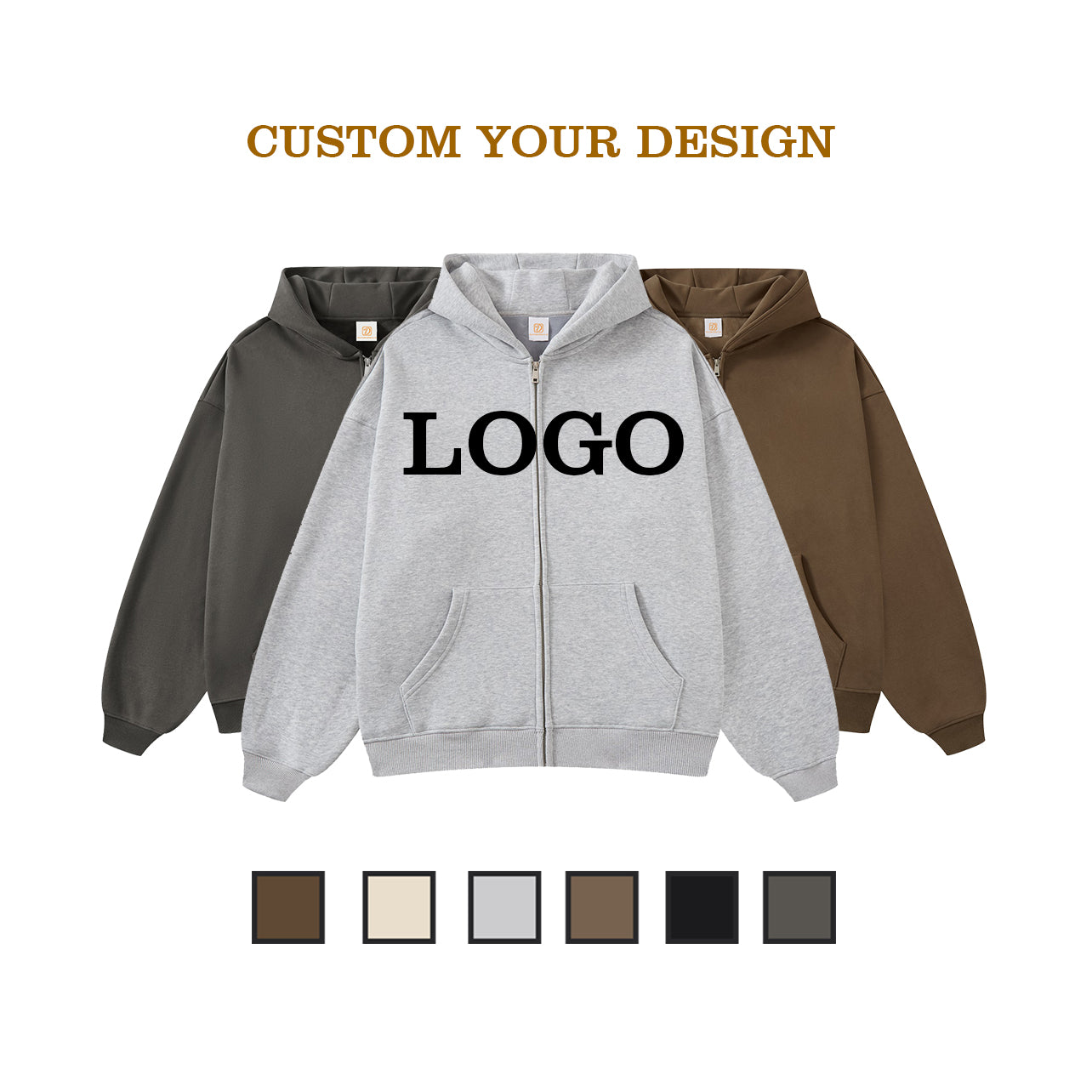 Wholesale Hoodies Unisex High Quality Custom Distressed Embroidery Blank Full Zip Pure Color Fleece Streetwear Plain Hoodies