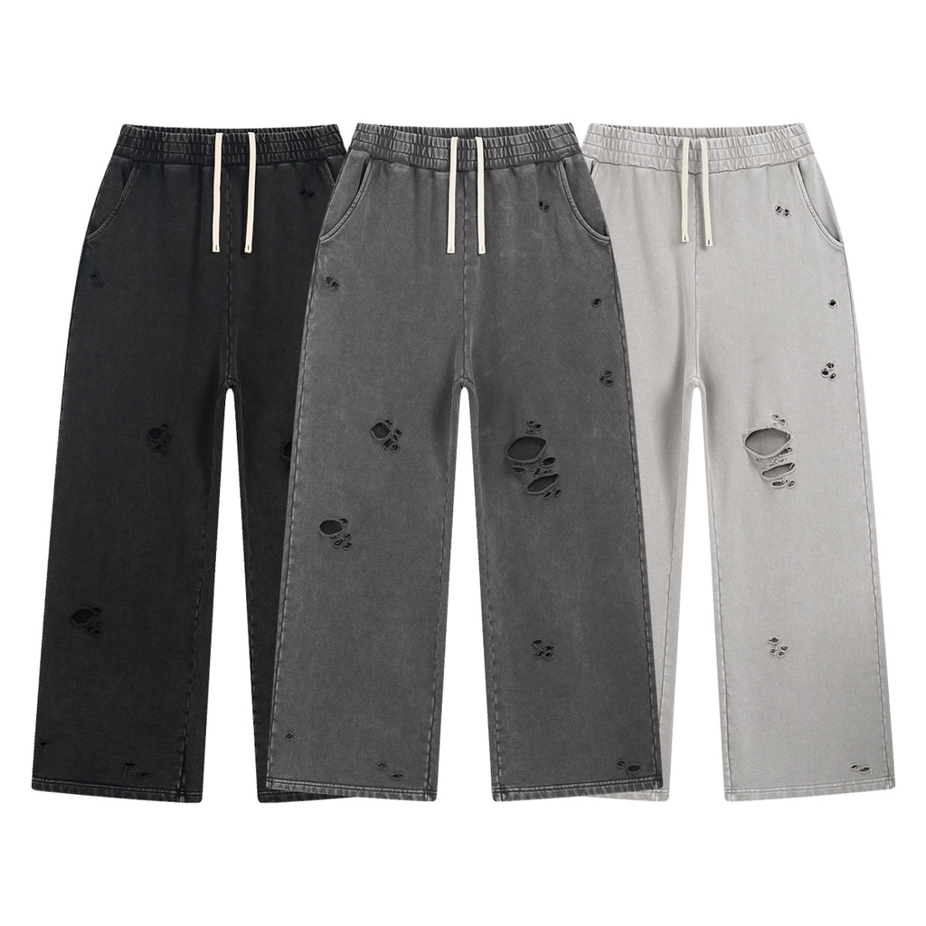 Custom logo Breathable Heavy Cotton Sweatpants Casual High Quality Broken Acid Wash Streetwear Men's Fashion Sweatpants