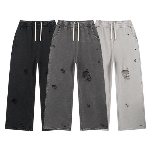 Custom logo Breathable Heavy Cotton Sweatpants Casual High Quality Broken Acid Wash Streetwear Men's Fashion Sweatpants