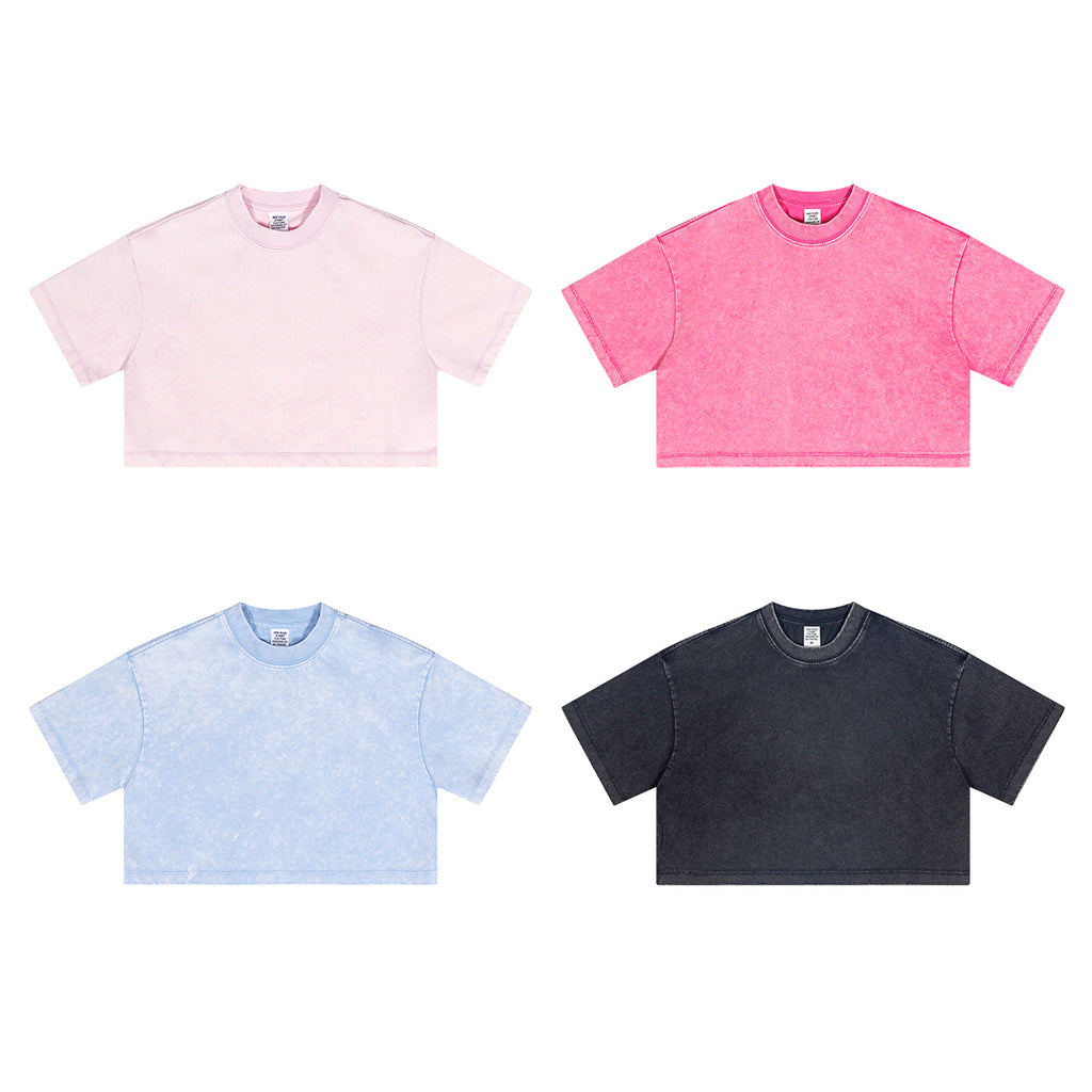 Custom Acid Wash t Shirt Streetwear Crop Top High Quality Short Style Round Neck Puff Printing Pure Color Fashion Plain t Shirt