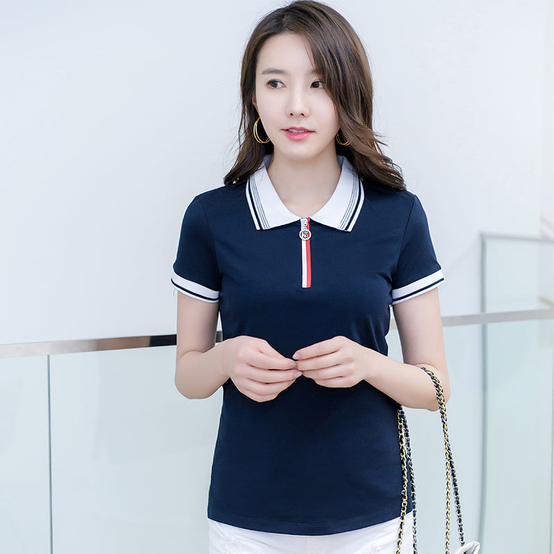 Wholesale Summer Version 4 Color Women's Button Down Zipper Polo Shirt High Quality Plain Polo Shirt From a Trendy Brand