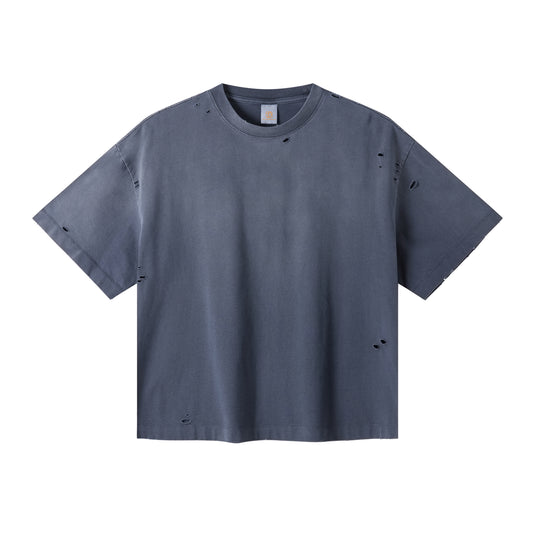 Custom logo Broken Design T-shirt 100% Cotton Distressed Embroidery High Quality Vintage Heavyweight Dtf Transfers for t Shirts