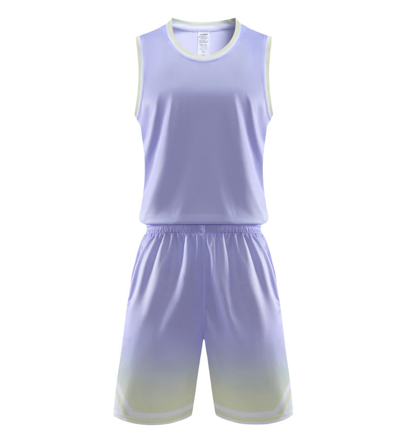 Fashion 5 Color Men's and Women's 100% Polyester Fiber Round Neck Basketball Uniform Set with Vertical Stripes and Plain Fabric