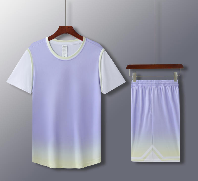 5 Color Men's and Women's 100% Polyester Round Neck Basketball Uniform Set Fake Two Pieces with Vertical Stripes of Beige Fabric