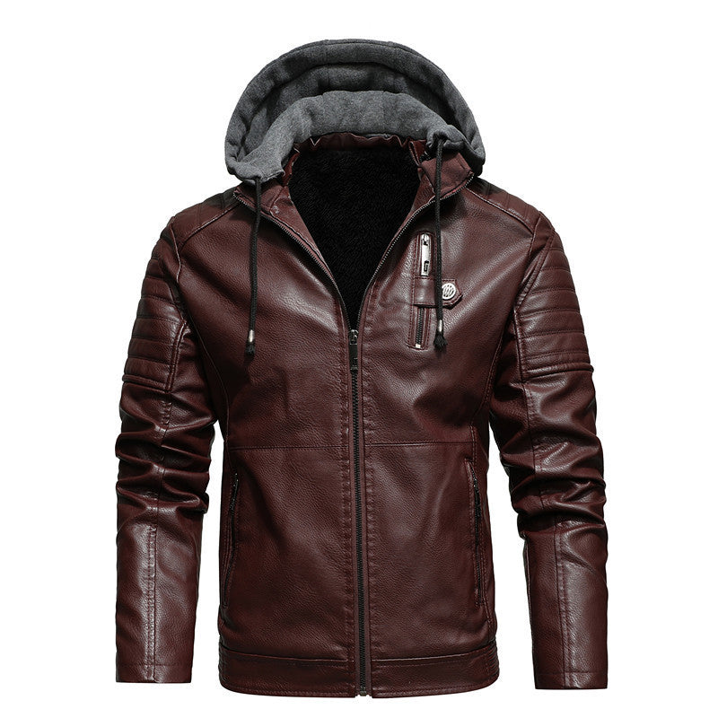 3 Color Hooded Down Jacket with Thick Insulation for Warmth Loose PU Leather Coat for Men Detachable Hat Fall and Winter Style