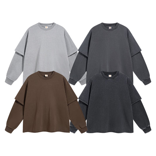 Heavyweight Custom T-shirt Drop Shoulder Round Neck High Quality Vintage Pure Color Patchwork Streetwear Long Sleeve T-shirt