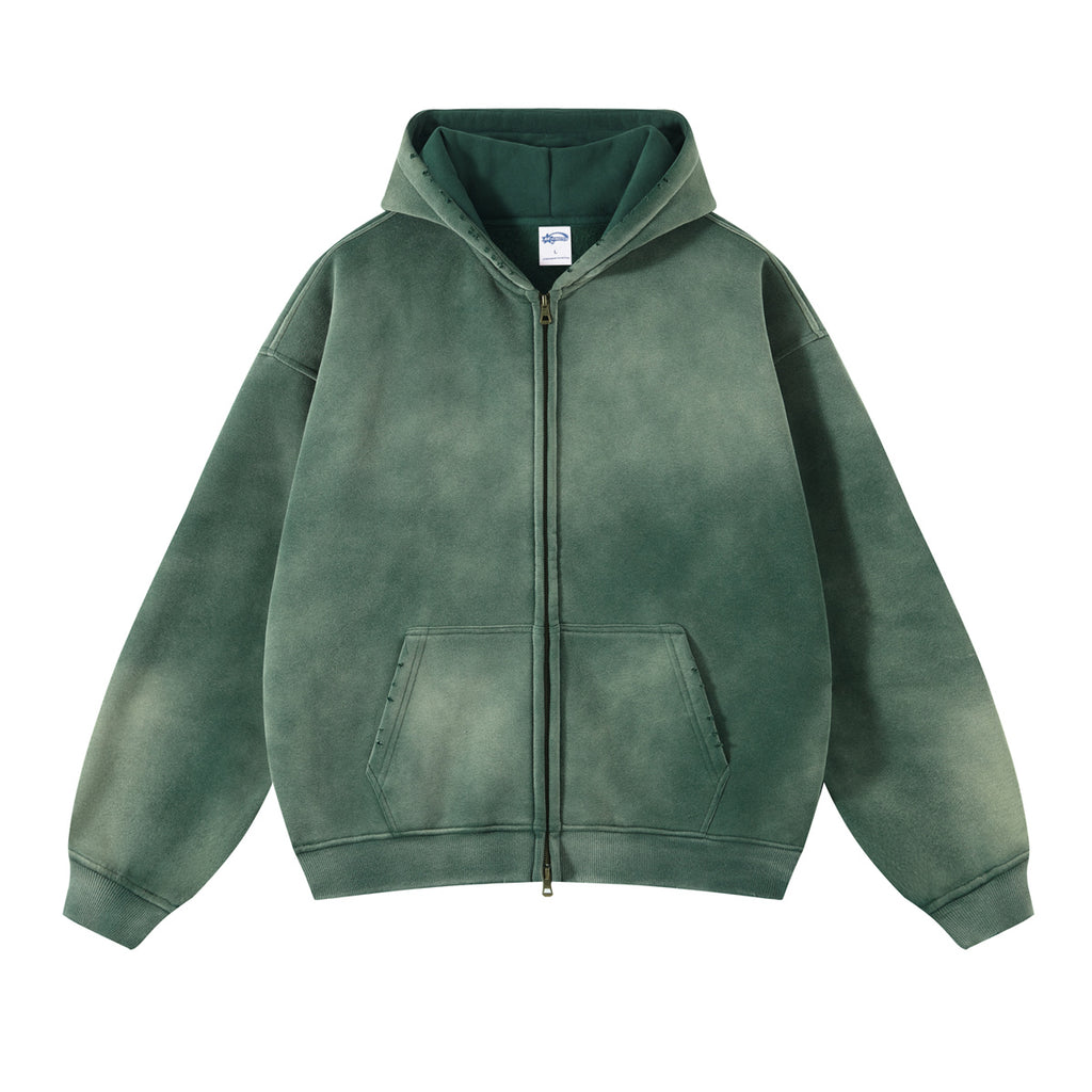 Waxing Printing Custom Washed Fleece High Quality Blank Full Zip up Vintage Fashion Hot Sale Puff Printing Streetwear Hoodies
