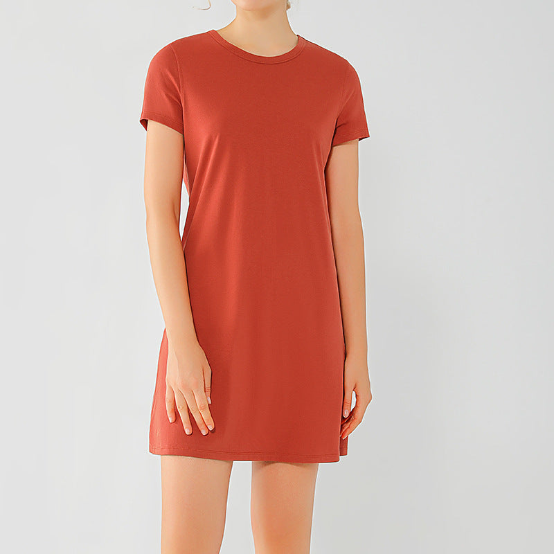 Lulu Style Nude Scented Short Sleeved Dress with Round Neckline Worn As an Outer Dress Soft and Nude Pleated Loose Yoga Wear