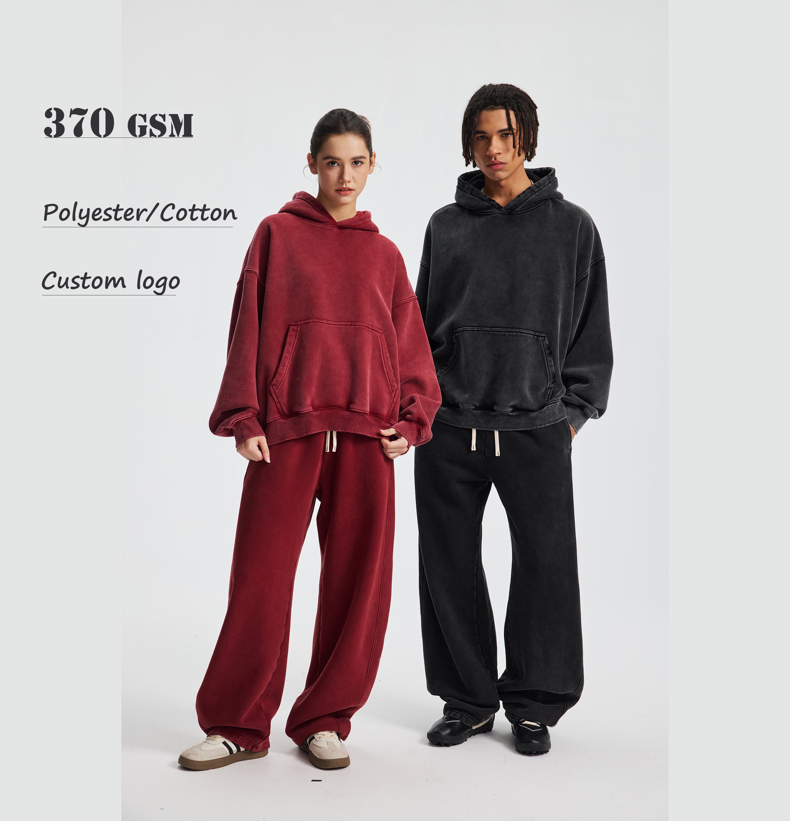 Vintage Acid Wash Long Sleeve Embroidery Boxy Oversized Pullover Heavyweight Streetwear Hoodie