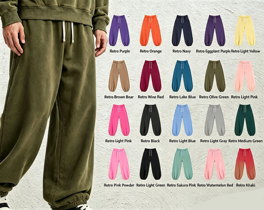 Retro Style Washed Snowflake Fabric Sweatpants with Distressed Edges and Plush Lining Featuring a Lantern Shaped Design