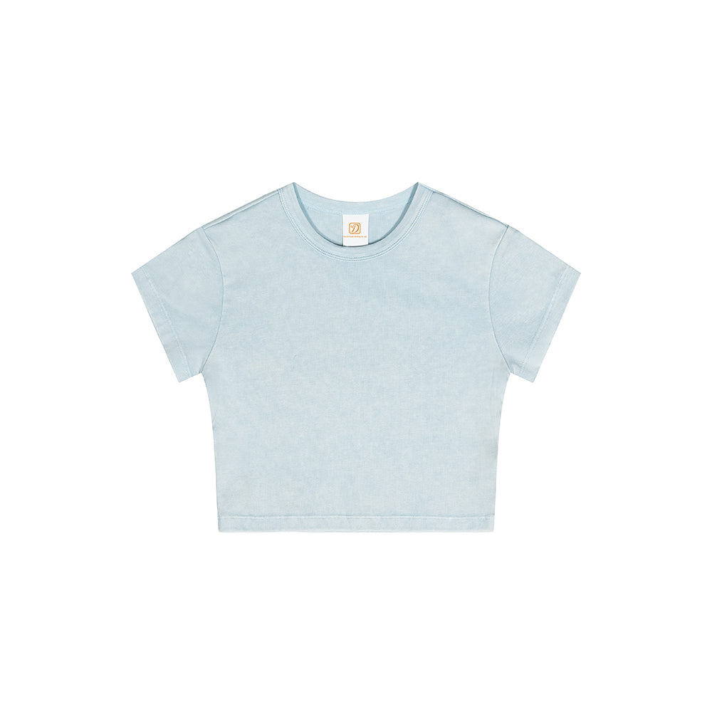 Summer Version Customized 100 CottonShort Sleeve Shirt with Exposed Shoulders and Bare Midriff Featuring a Water Wash Finish