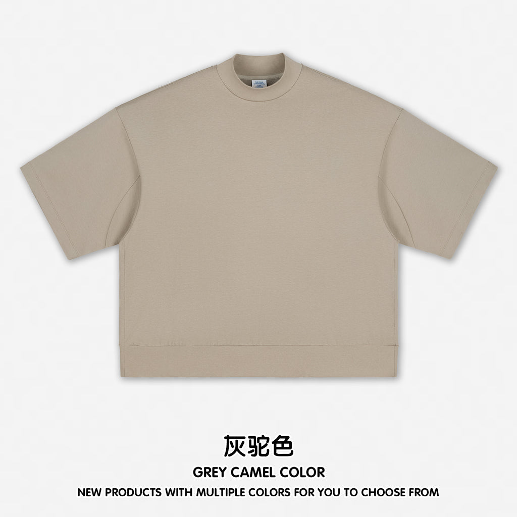 305G Heavyweight 100% Cotton Drop Shoulder T-short Boxy High Quality Print Sublimation Short-sleeved with Small High Collar