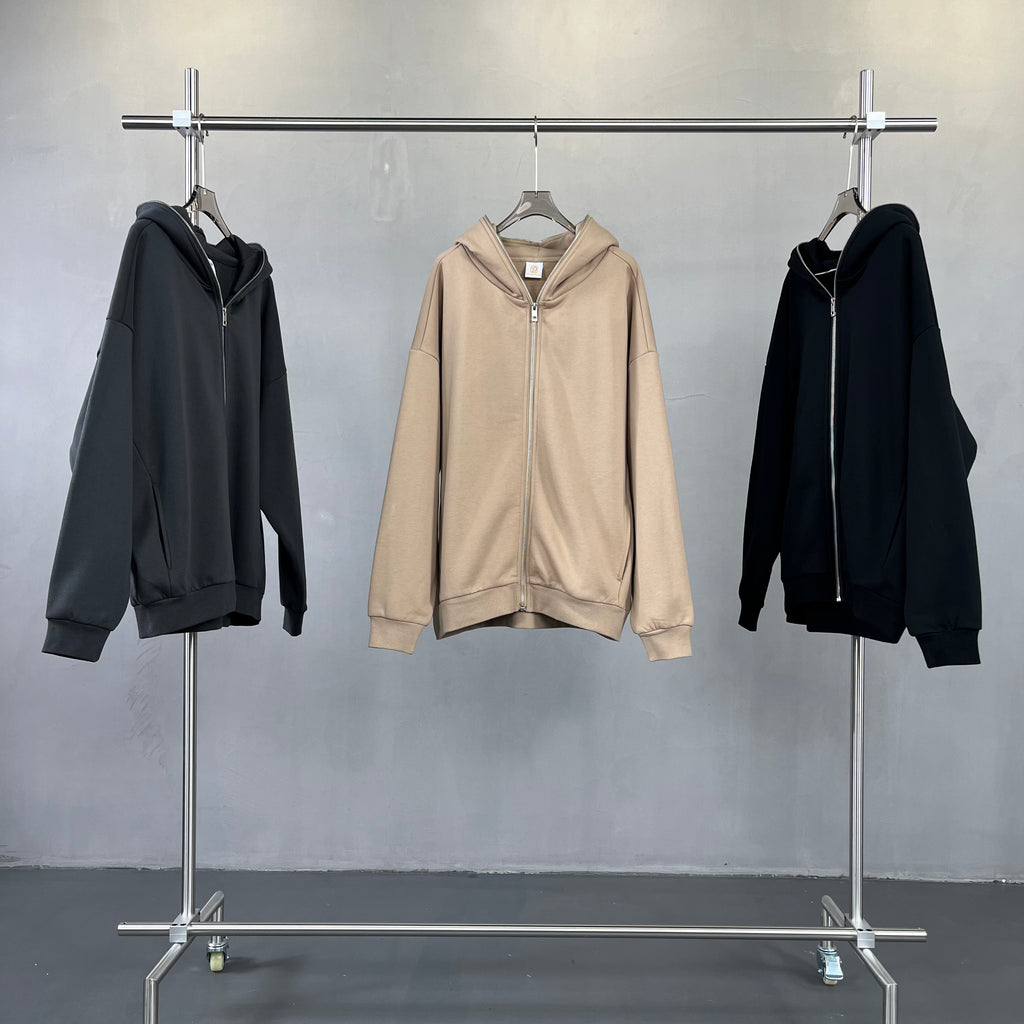 Heavyweight Drop Shoulder Custom Zip up Polyester and Cotton High Quality Pure Color Streetwear Hoodies Wholesale