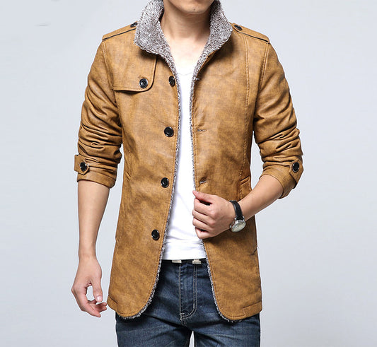 American Style Five Color Stand up Collar Side Pocket Lined Body Type Fleece Single Button Casual Men's PU Leather Jacket