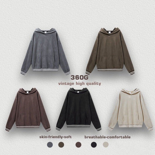 Wholesale Vintage Pure Color Autumn and Winter Suede Fleece Polyester Pullover Wireless Drop Shoulder Hoodie Custom logo Hoodie