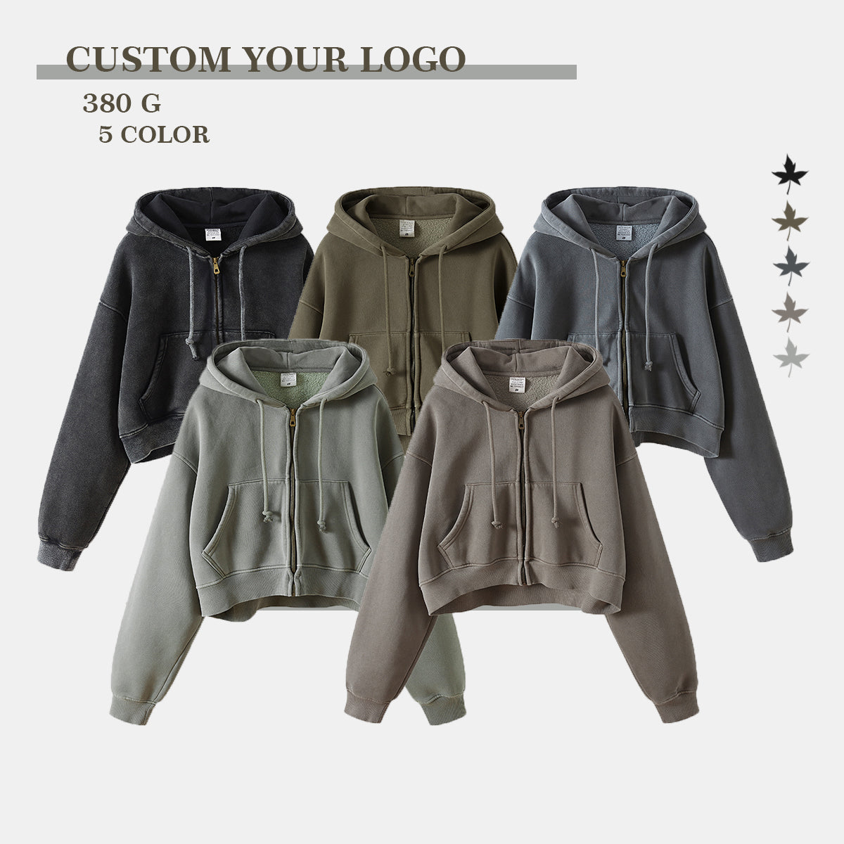 Wholesale Zip up Hoodie Sublimation Vintage Fleece Short Washed Black High Quality Puff Printing Fashion Blank Hoodie Girls