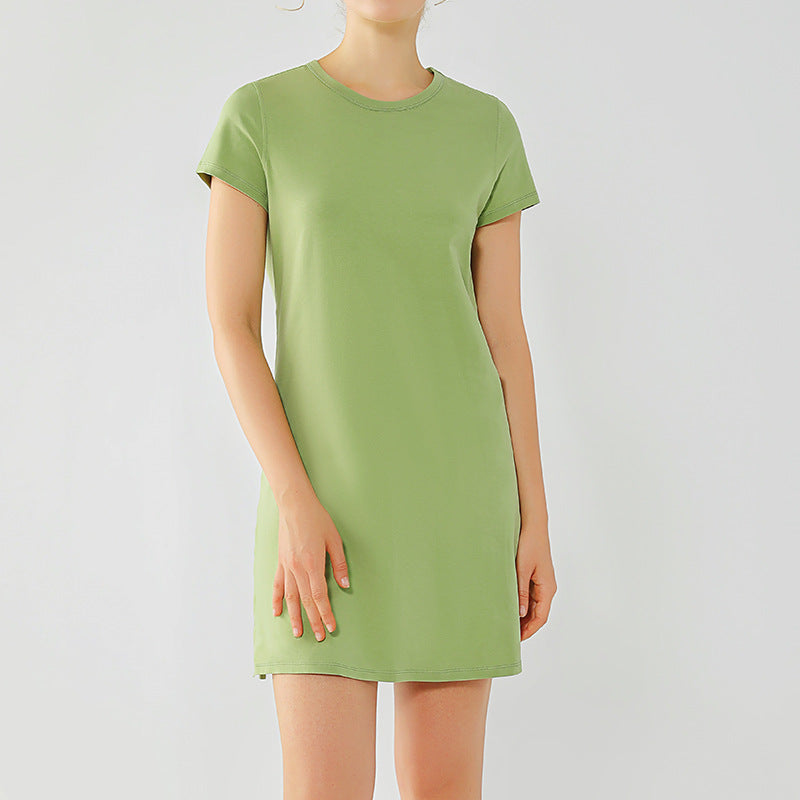 Lulu Style Nude Scented Short Sleeved Dress with Round Neckline Worn As an Outer Dress Soft and Nude Pleated Loose Yoga Wear