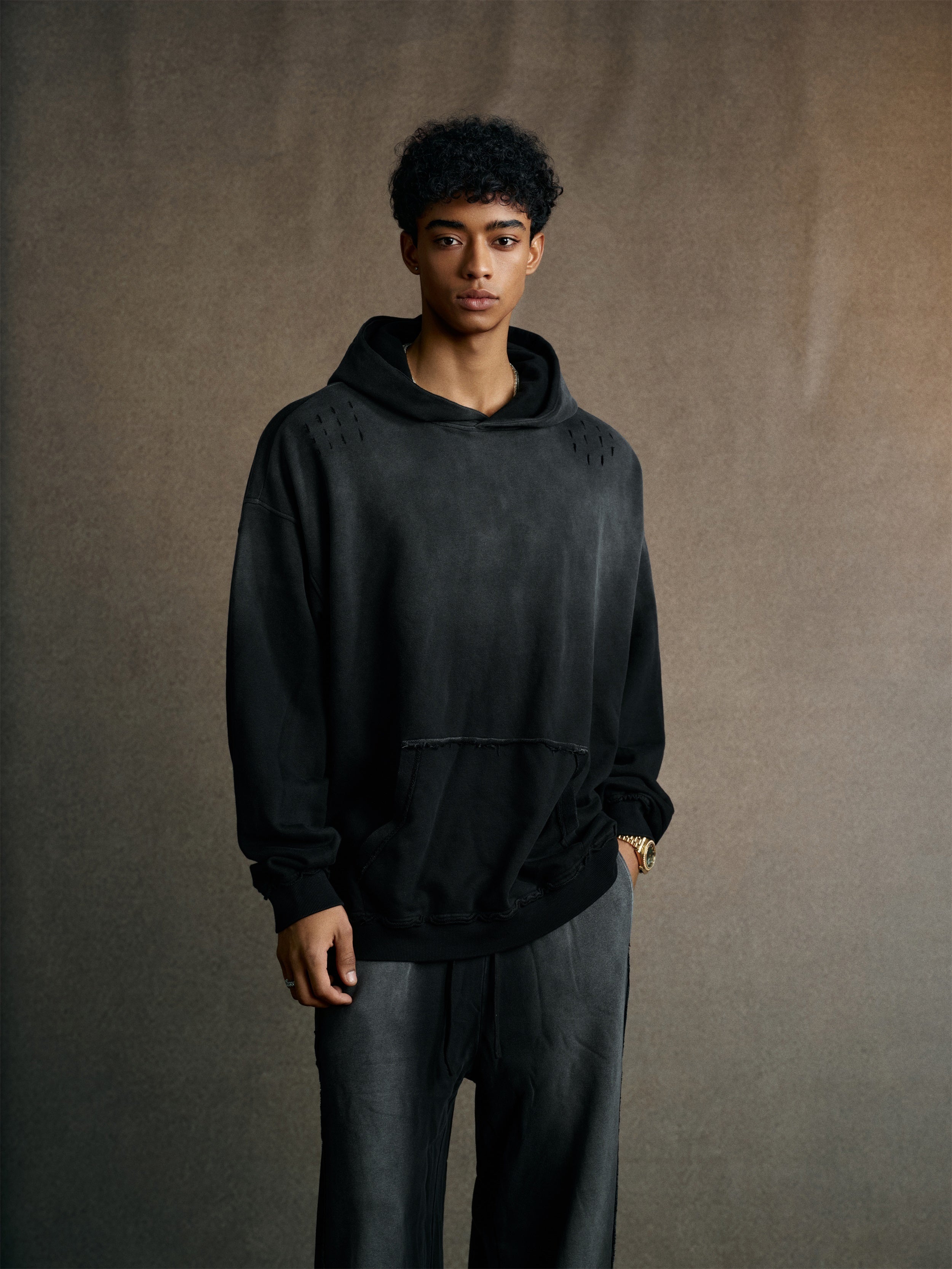 Streetwear Custom Washed Loose Men Hoodies High Quality Wholesale Wax Printing Broken Fashion Wholesale Hoodies