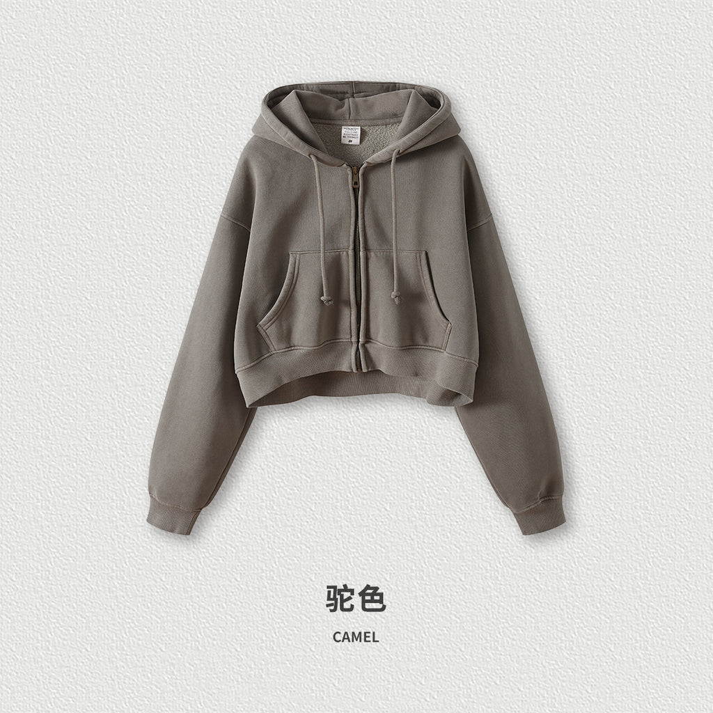 Vintage Custom Washed Crop Top Short Fashion Fleece Boxy Blank Pullover Heavyweight Women's Hoodies Sweatshirts