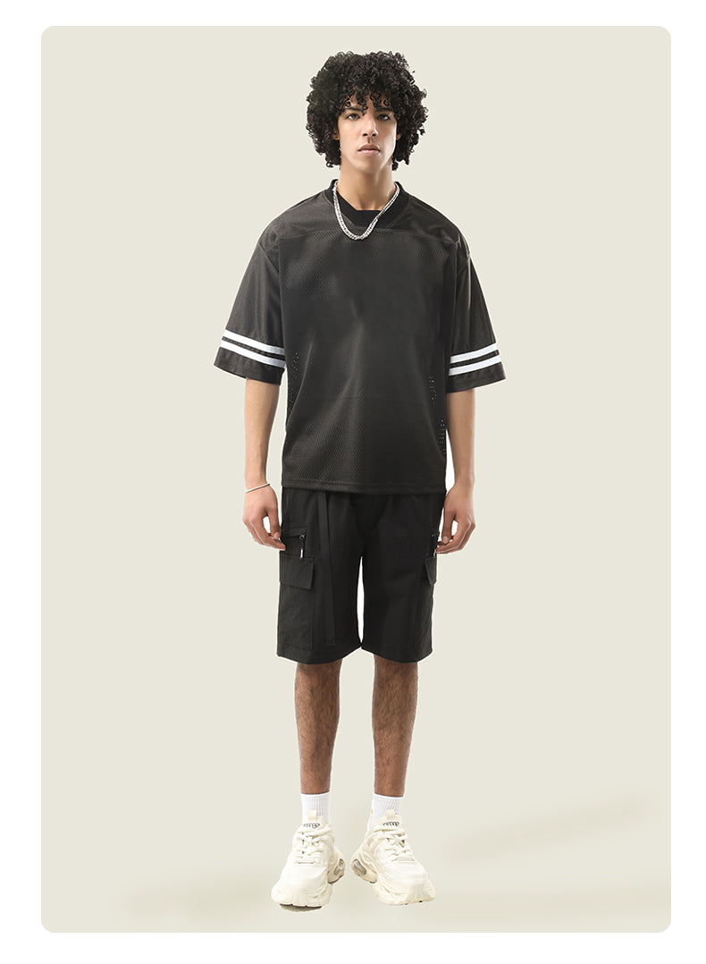 Men's T-shirts Custom v Neck High Quality Striped Color Blocking 240g 100% Polyester Streetwear Breathable t Shirt for Men