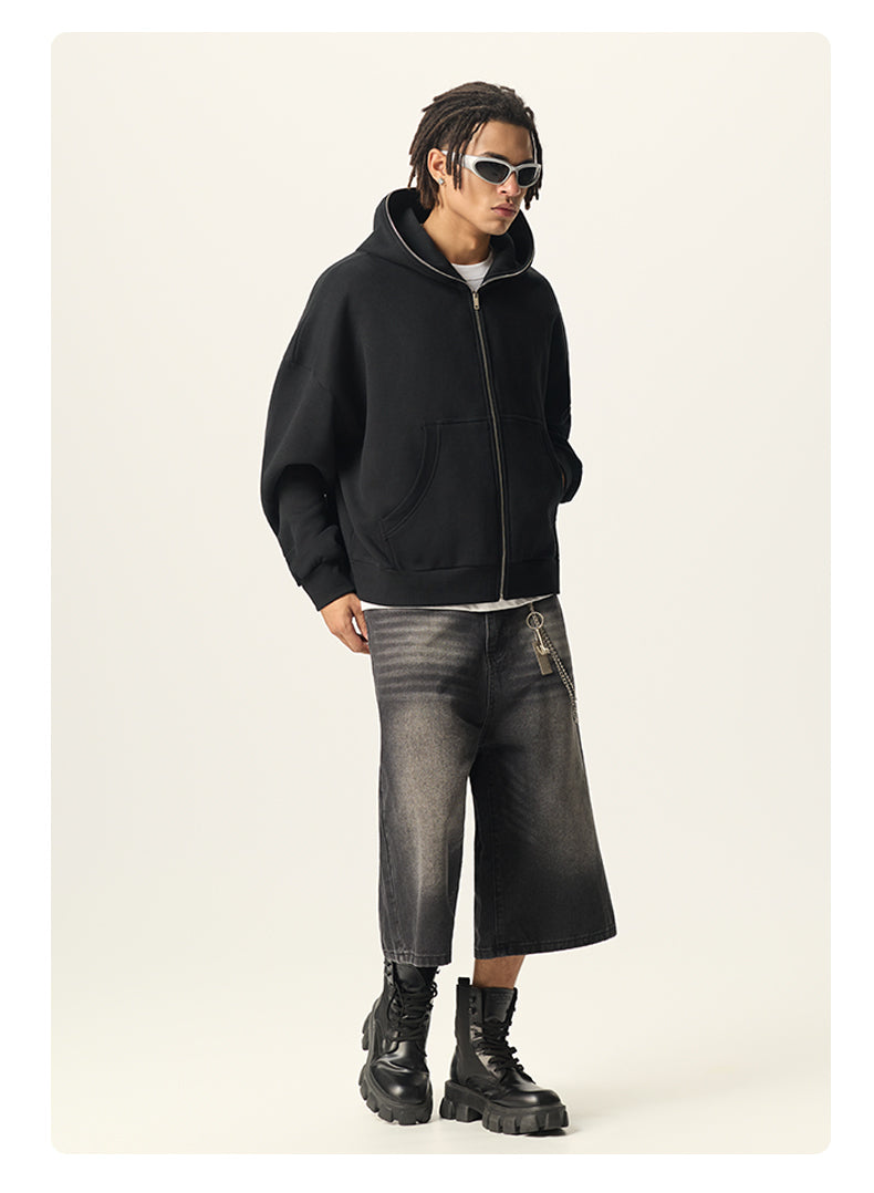 Wholesale Distressed Embroidery Black Fashion Boxy Full Face Zip Mens Hoodies And Sweatshirts