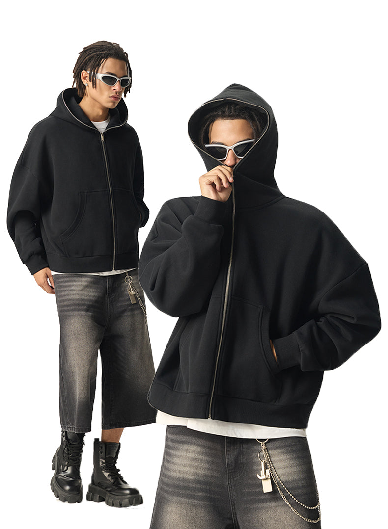Wholesale Distressed Embroidery Black Fashion Boxy Full Face Zip Mens Hoodies And Sweatshirts