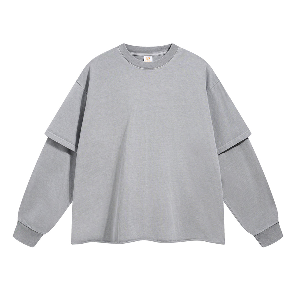 Heavyweight 100% Cotton T-shirt Custom Drop Shoulder High Quality Round Neck Streetwear Vintage Patchwork Long Sleeve T-shirt