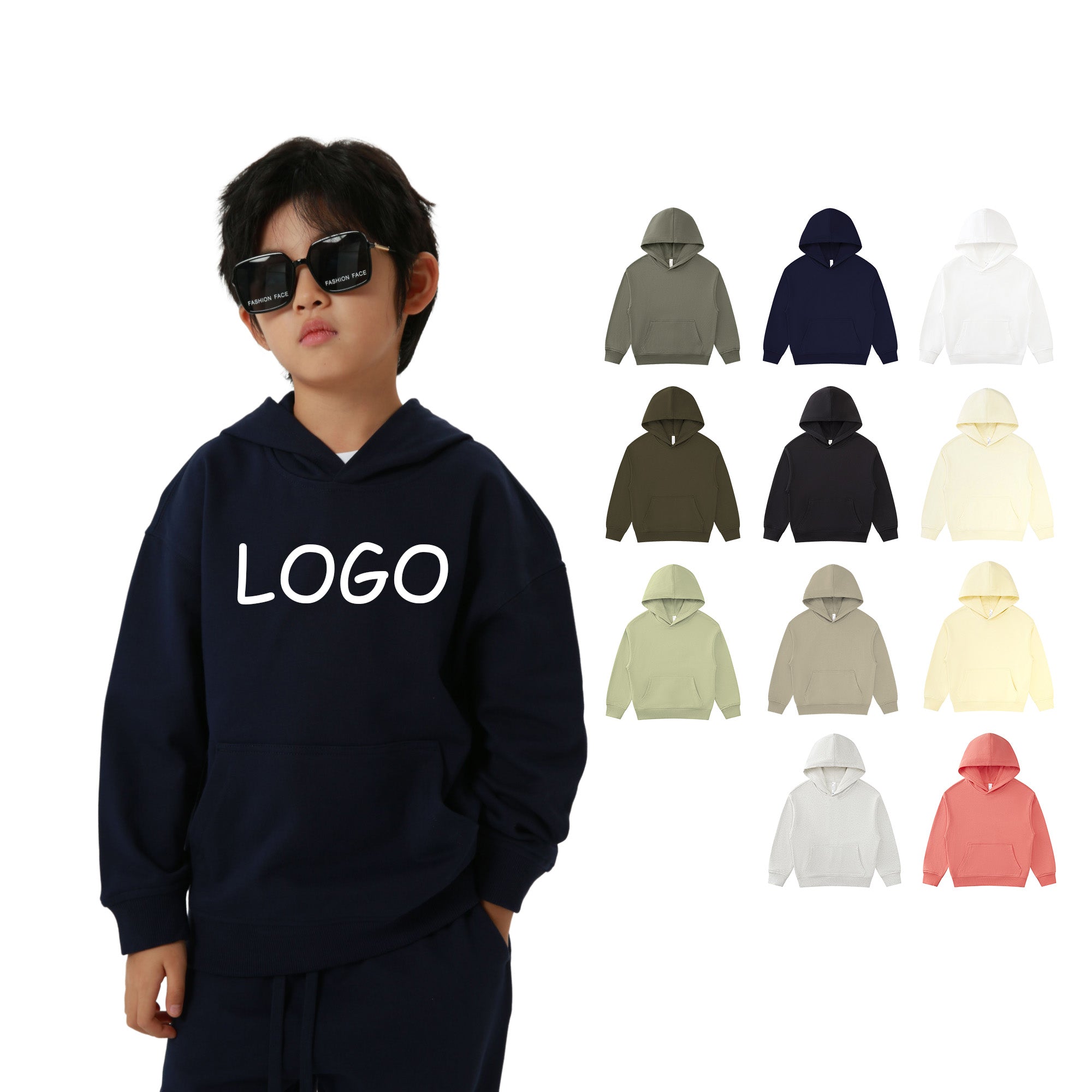 Wholesale Custom Blank Pullover Terry Heavy Cotton Puff Print Streetwear Drop Shoulder Heavyweight Children's Sweaters and Hoodies