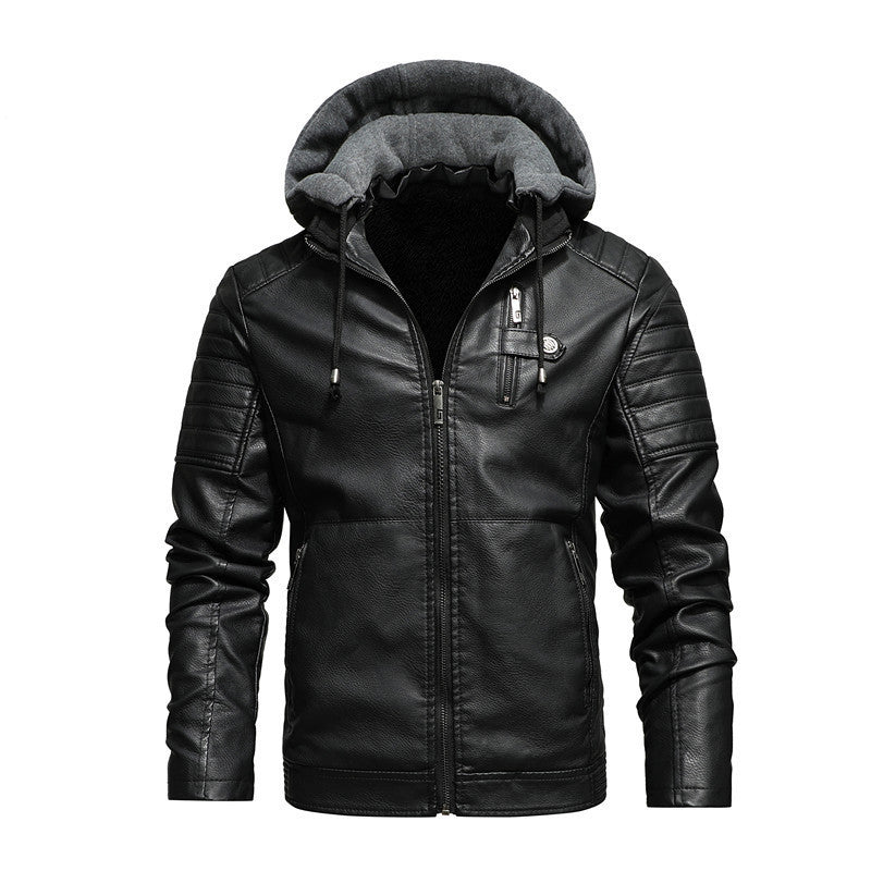 3 Color Hooded Down Jacket with Thick Insulation for Warmth Loose PU Leather Coat for Men Detachable Hat Fall and Winter Style