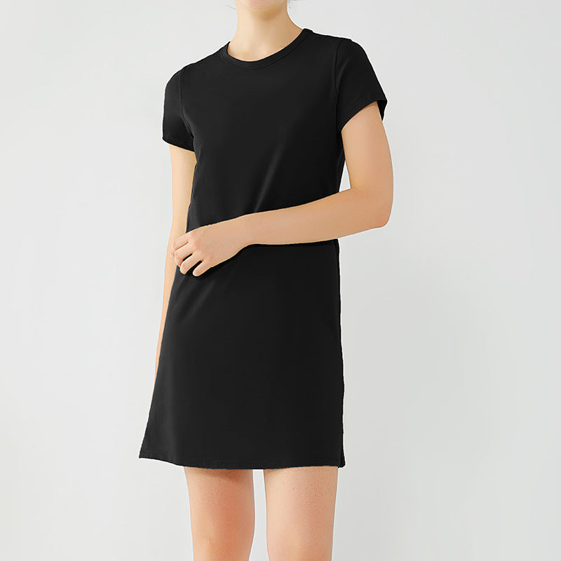 Lulu Style Nude Scented Short Sleeved Dress with Round Neckline Worn As an Outer Dress Soft and Nude Pleated Loose Yoga Wear