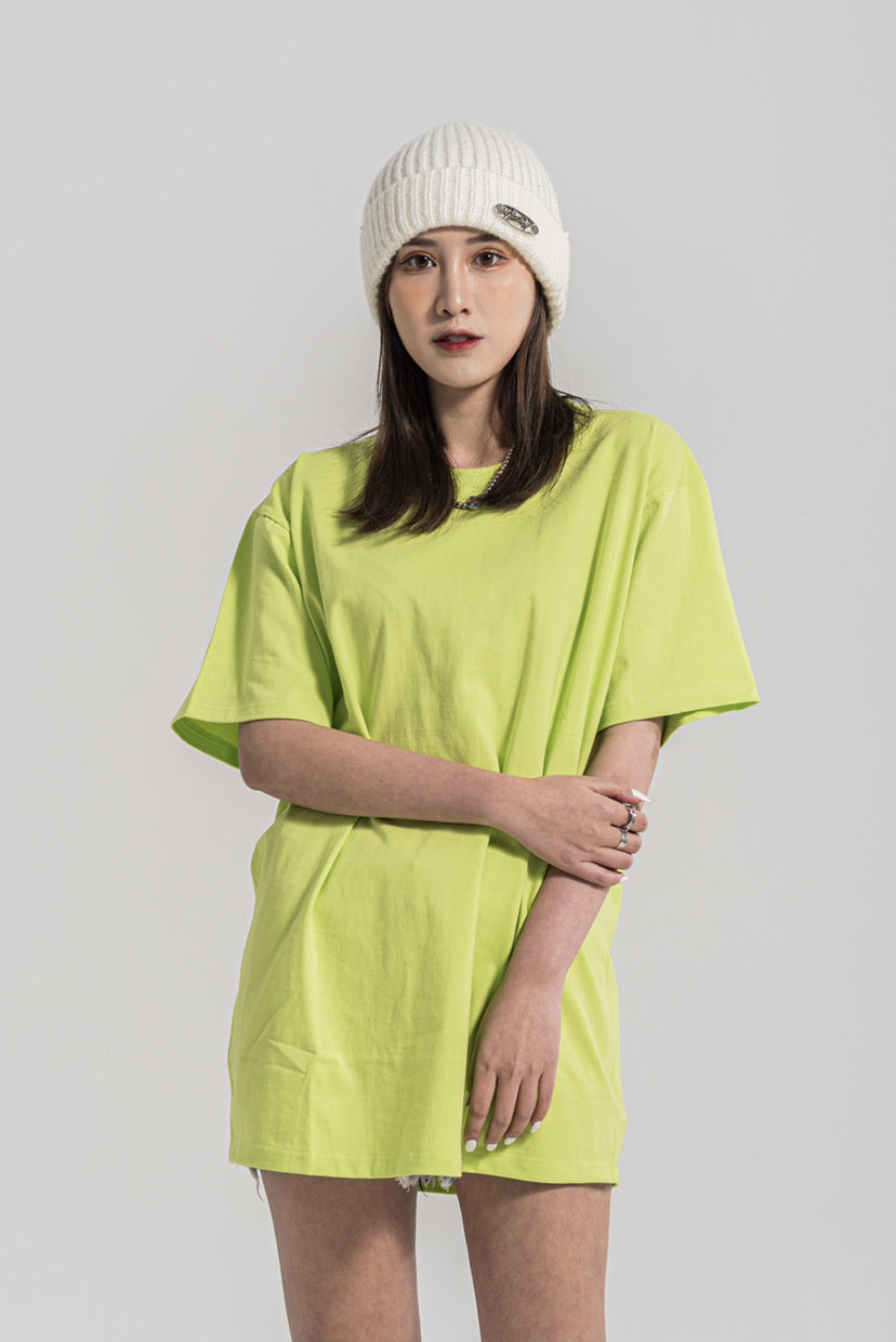 12 Color Large Sized Dropped Shoulder Pure Cotton Round Neck Straight Barrel Sleeve Without Side Seam Short Sleeved T Shirt