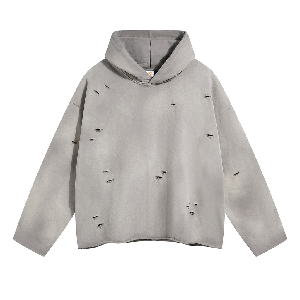 450G Heavyweight Blank Pullover Irregular Broken Vintage Streetwear Distressed Embroidery High Quality Winter Hoodies Men