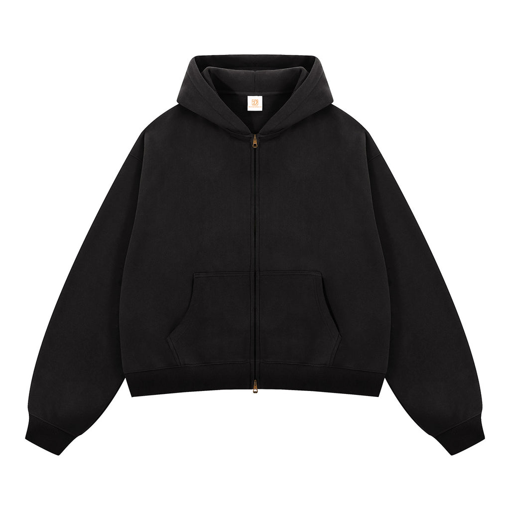 Boxy Loose Double Zipper Short Style Fleece Custom Distressed Embroidery Wholesale High Quality Hoodies for Men