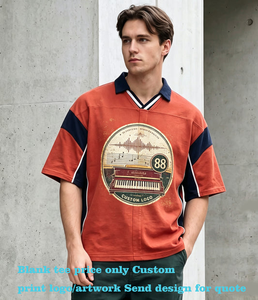 American Style Contrasting Color V Neck Pure Cotton Short Sleeved Men's Placketed Double Pleated Short Sleeved Summer Tshirt